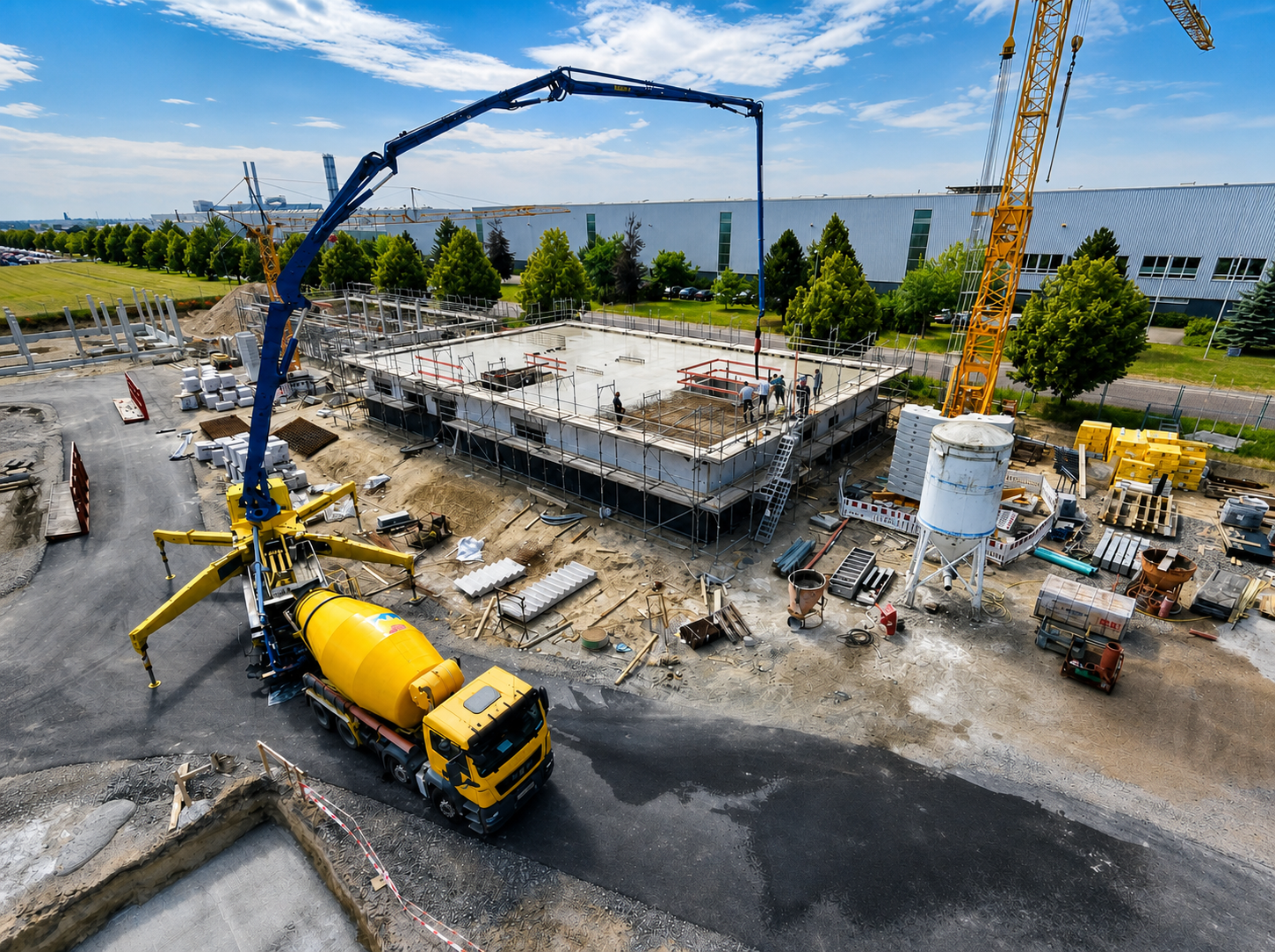 Baustelle mit Betonpumpe und Kran